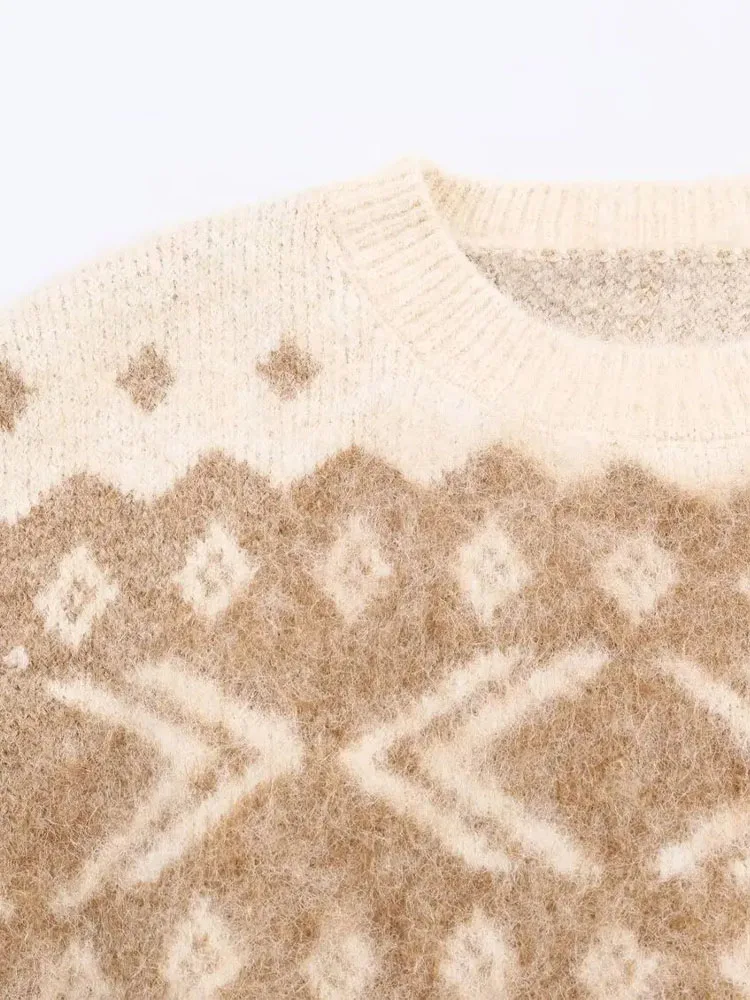 

HH женский зимний модный универсальный жаккардовый свитер с круглым вырезом и резиновым эффектом, женский повседневный уличный пуловер с длинными рукавами, топ