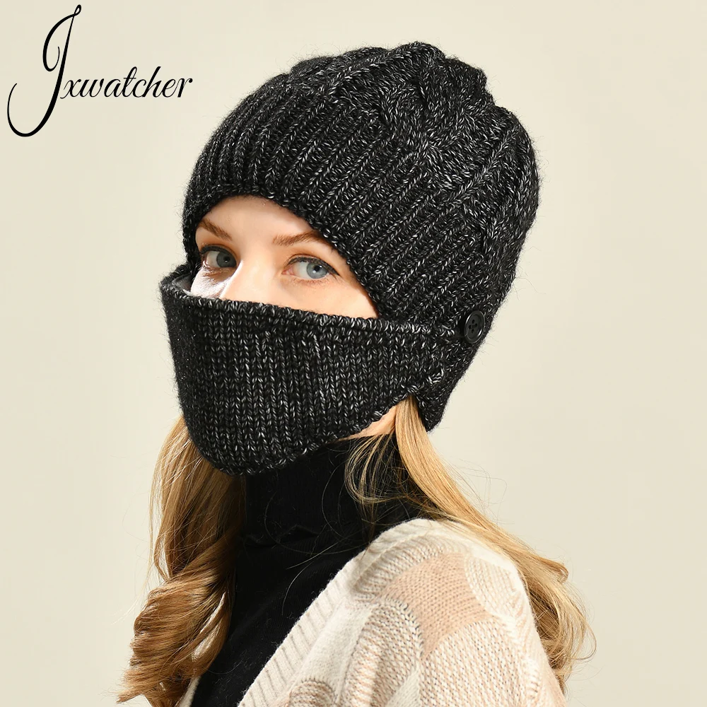 Jxwatcher Women Wool Blend Knitted Mask Cap Unisex Winter Double Layer Thicken Warm Beanies Men Ear Protection Hat With Mask