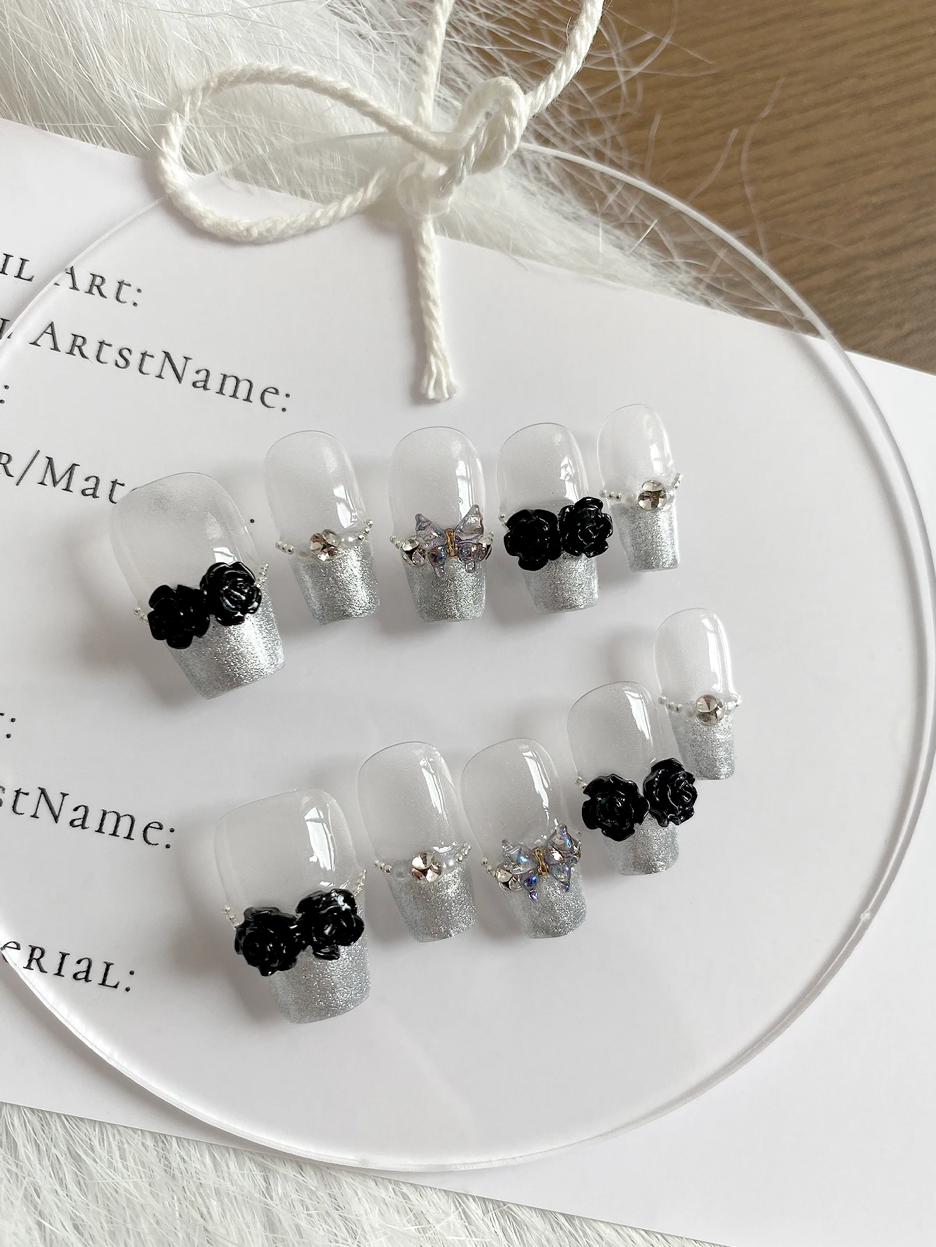 Short Square Press‑On Nails, Clear Base Silver Glitter French Tips, Handcrafted 3D Black Rose & Butterfly Ornaments