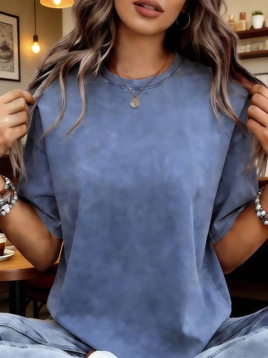 

Heavy Cotton Vintage Washed Distressed Blue Crew Neck T-Shirt Relaxed Fit Women