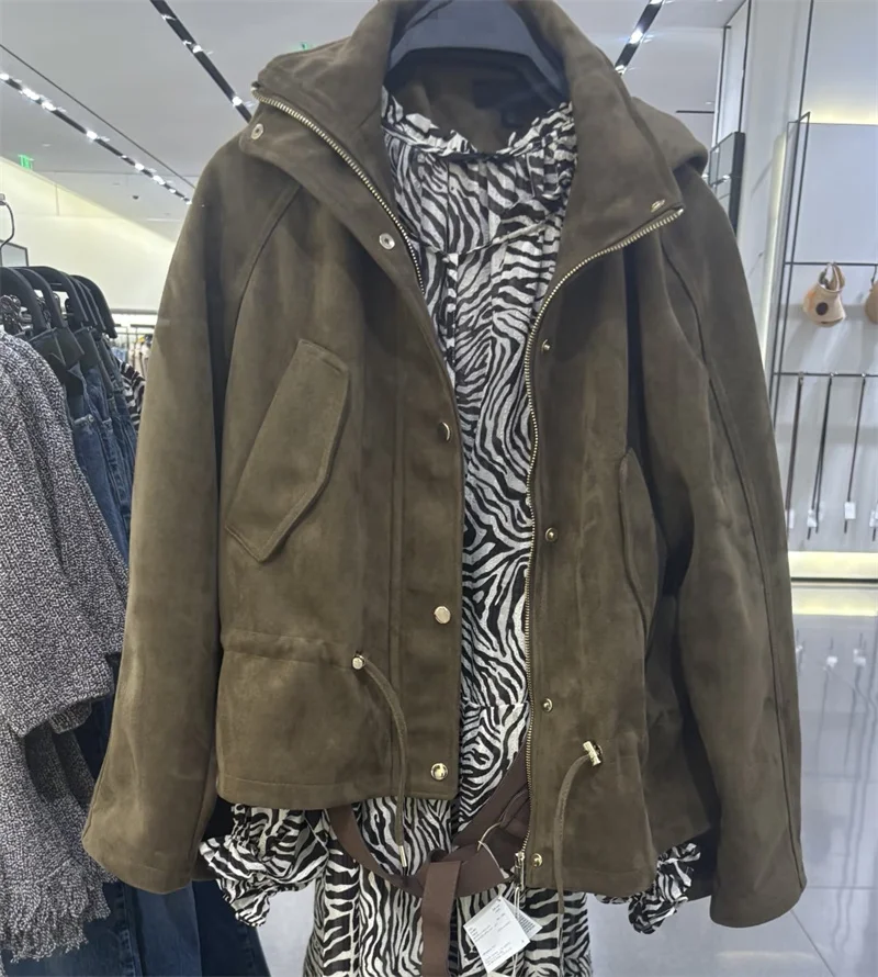 سترة بغطاء للرأس بتأثير من جلد الغزال وياقة واقفة للخريف والشتاء، سترة نسائية كاجوال أنيقة كلاسيكية