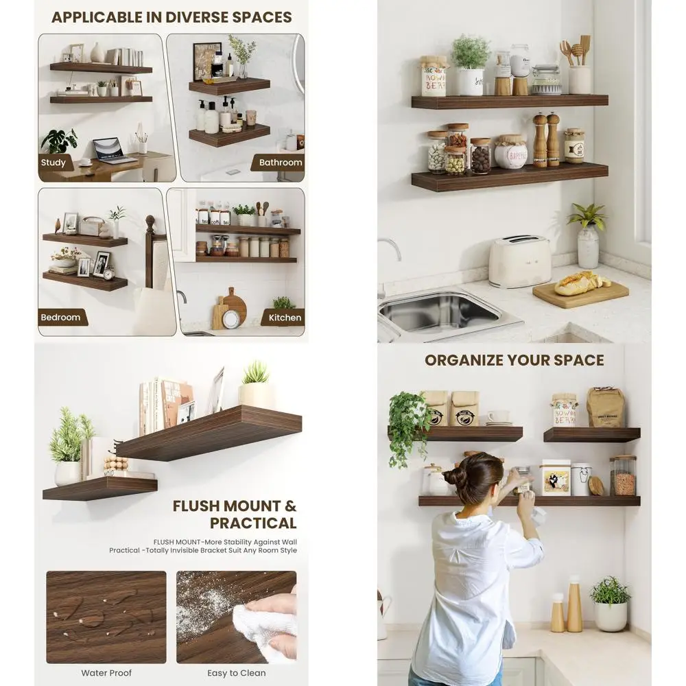 

Set of 2 Rustic Floating Wooden Shelves with Hidden Brackets for Wall Mounting in Kitchen, Bathroom, Living Room, and Study, Wal