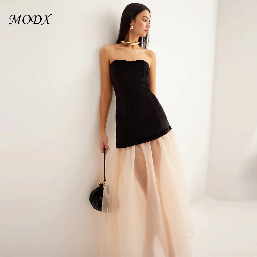 

MODX Customized Elegant Satin And Chiffon Prom Dresses Off Shoulder Sleeveless Ball Gowns Backless A Line Evening Gowns