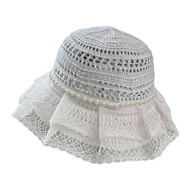 R7UF Lace Knit Bucket Hat for Women, Openwork Crochet Floppy Hat with Artificial Pearls Trim and Scalloped Brims for Travel