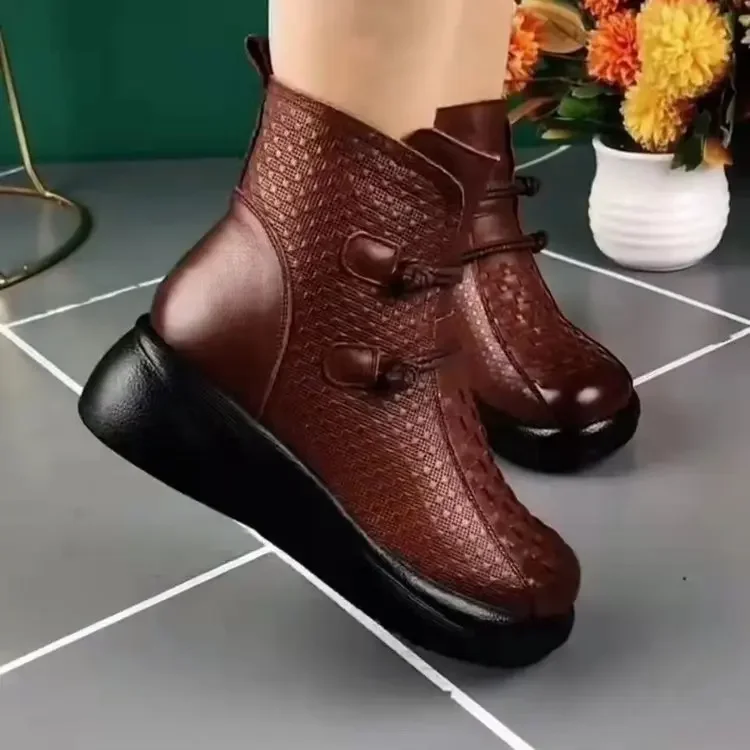 Women\'s Round Toe Short Boots Autumn Winter Soft Sole Plush Ethnic Style Retro Thick Bottom Round Head Solid Color Shoes
