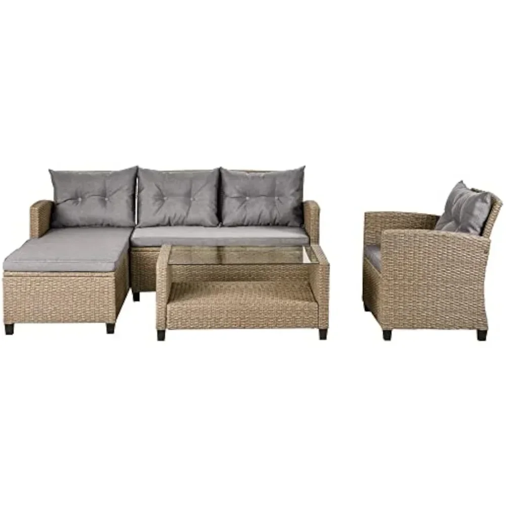 Lazy Sofa Beige Brown 4 Pieces PE Rattan Sectional Sofa Set Include L-Shaped Couch Outdoor Patio Conversation Furniture Poolside