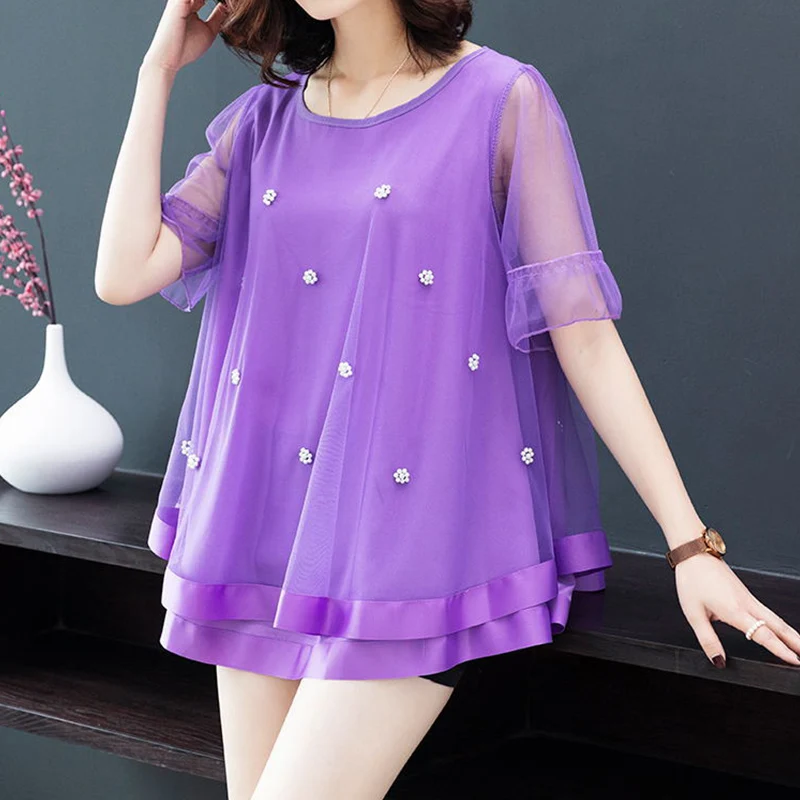 Elegant Fashion Solid Embroidered Flares Gauze Shirt Summer 2023 Commute O-Neck Short Sleeve Loose Oversized Tops Women Clothing