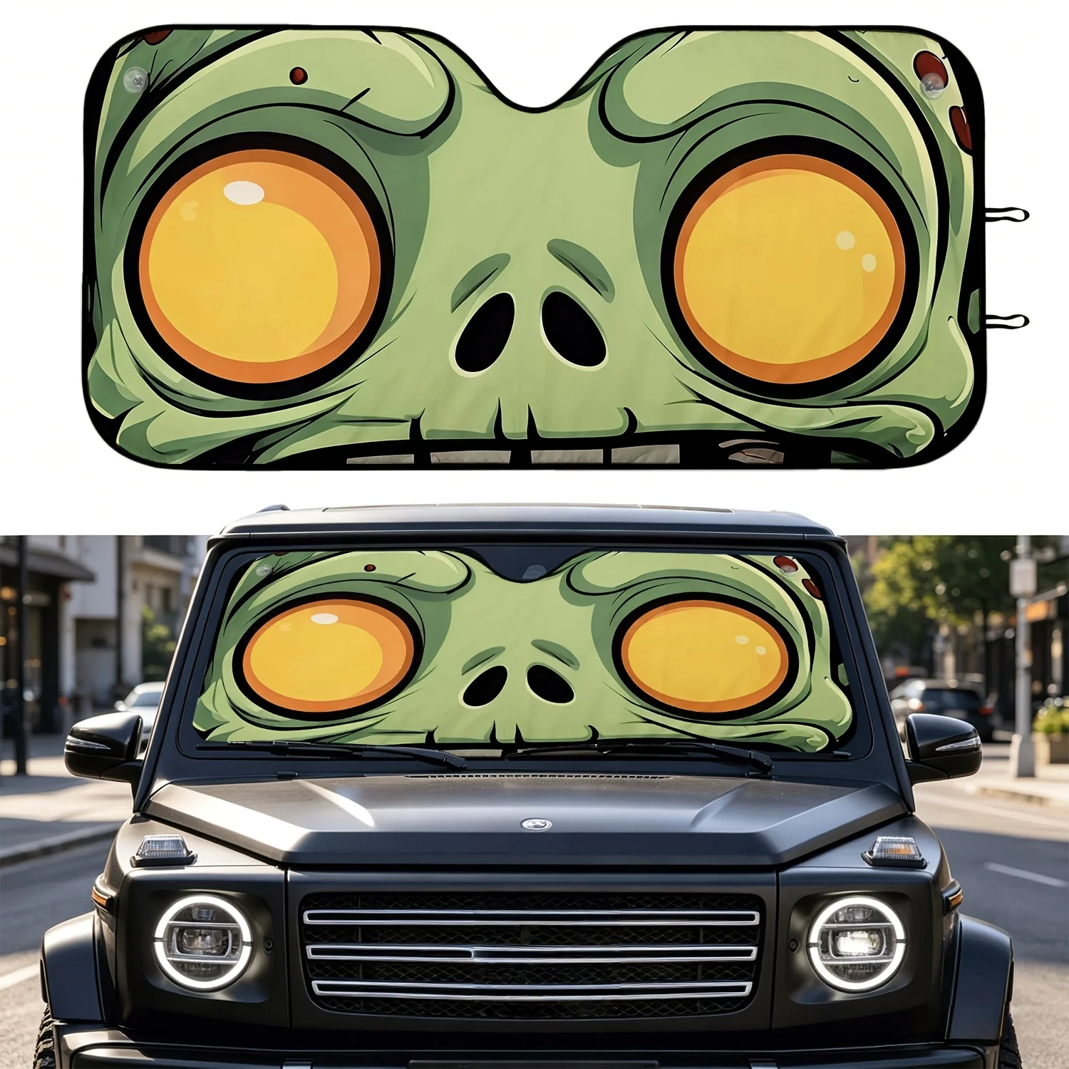 1pc 2D Printed Green Monster with Big Staring Eyes Themed Car Windshield Sun Shade, Durable Car Sunshade Accessory