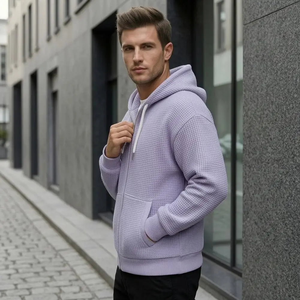 Gym Workout Running Sweatshirt Men's Waffle Knit Hooded Jacket with Adjustable Hood Zip Up Sweatshirt Outerwear Long Sleeve