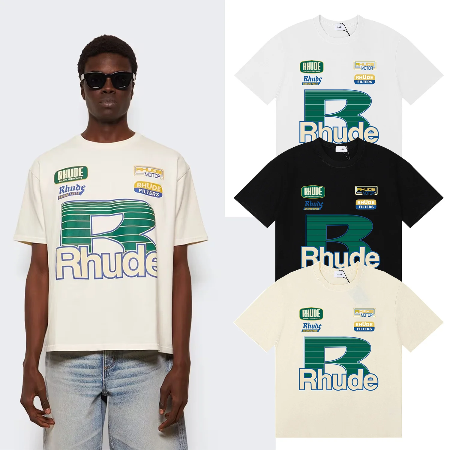 Retro Large R Letter Print American INS Streetwear Cotton round Neck Loose Short Sleeve T-Shirt Youth Fashion Summer Top
