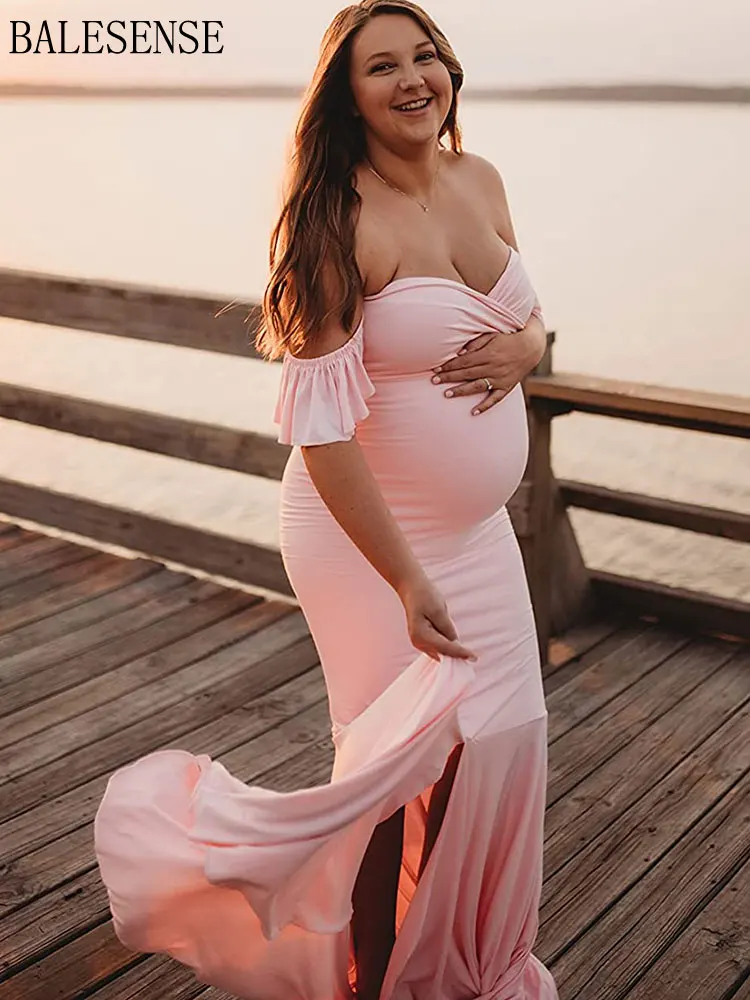 

Elegant Fitted Maxi Maternity Dress for Photoshoot Sexy Off Shoulder Ruffle Sleeve Pregnancy Photography Dresses for Baby Shower