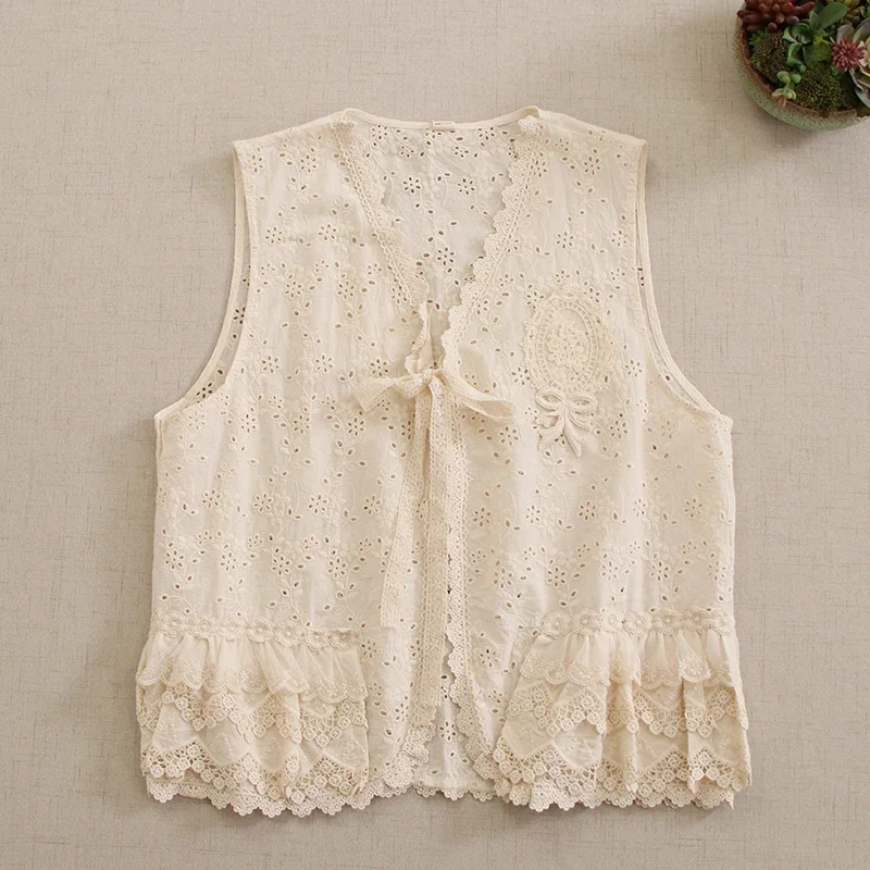 

Summer Sweet Mori Girl Thin Hollow Out Embroidered Cotton Vest Top Women Kawaii V Neck Sleeveless Top