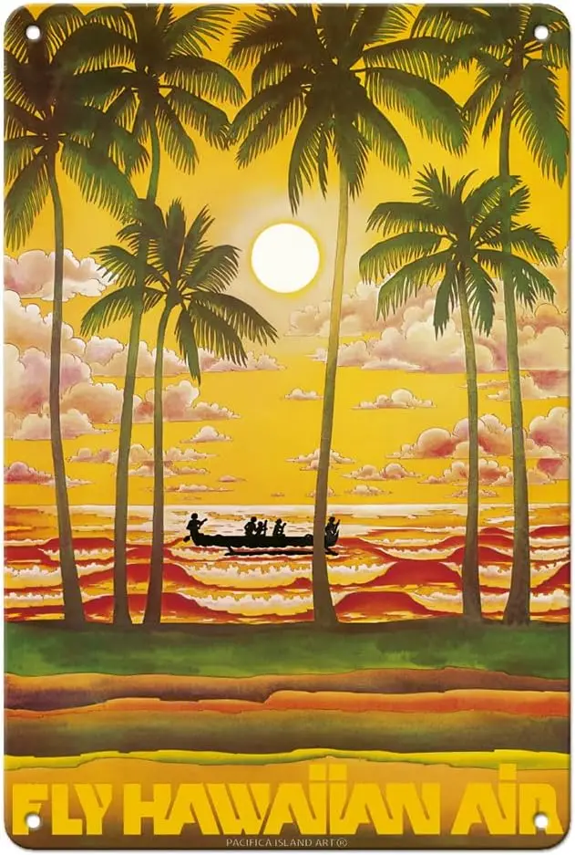 Pacifica Island Art Hawaii - Fly Hawaiian Air - Hawaiian Airlines - Vintage Airline Travel Poster c.1970s - 8 x 12 inch Vintage