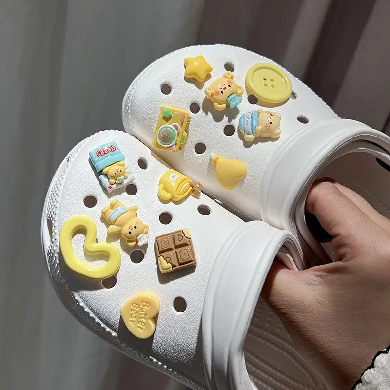 12PCS DIY Hole Shoe Charms Cartoon Yellow Teddy Bear Designer Quality Garden Shoe Decorations for Girls Gift Set of Shoe Accesso