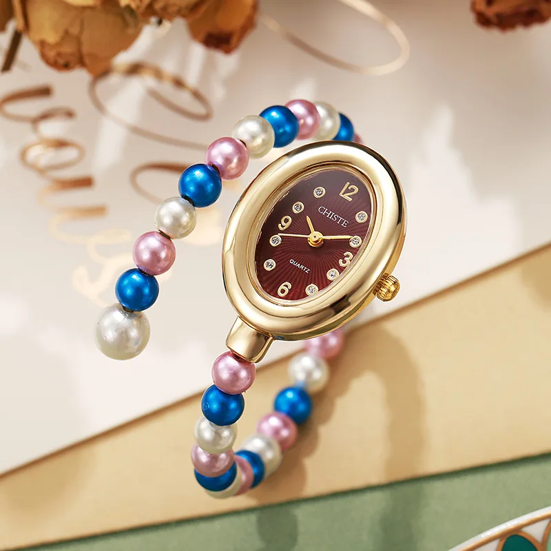 Fashion Rainbow Pearl Women's Bracelet Watch Elegant Oval Small Dial Quartz Wristwatch for Ladies Female Clock Jewelry Gifts