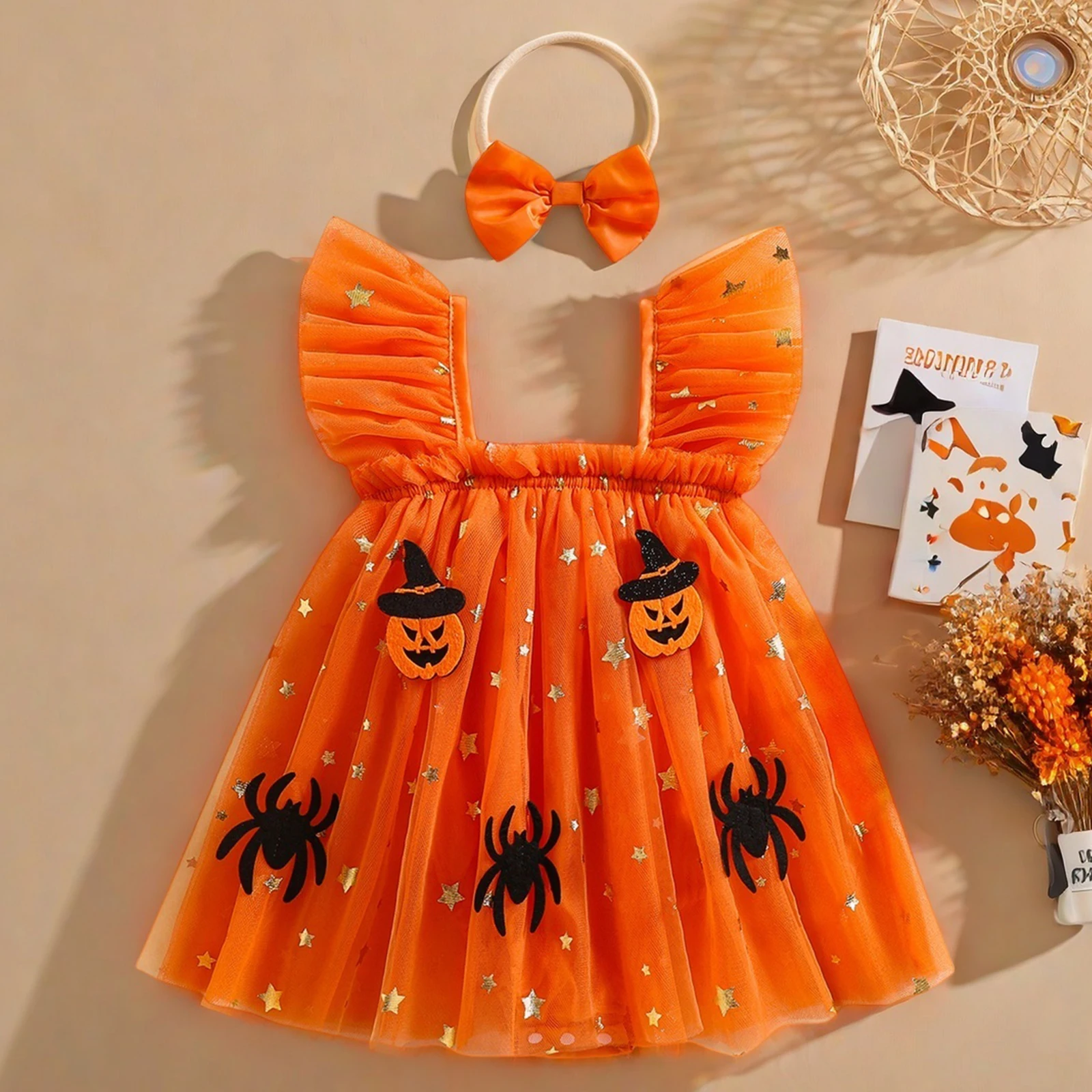 

VISgogo Newborn Girl Tulle Romper Dress Fly Sleeve Square Neck Pumpkin Spider Bat Bodysuit with Hairband Halloween Clothes