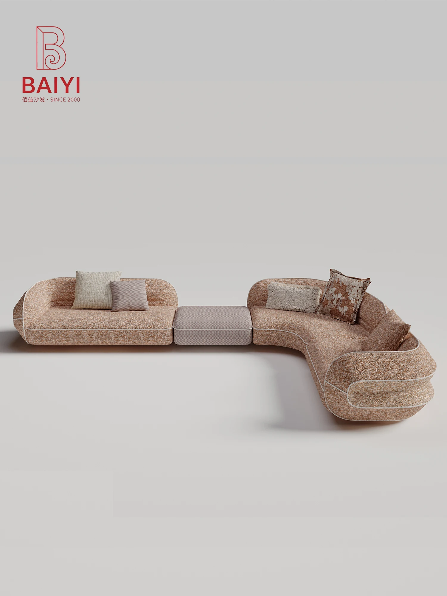 BAIYI Blush Pink Slub Tweed Curved Modular Sectional Sofa L Shaped With Ottoman Cylinder Armrest Deep Seat For Living Room