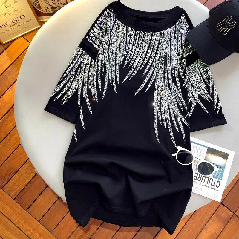 

Women Mid Length Tops Casual Loose Top Print T-Shirts Short Sleeve Hot Drilling Y2k Streetwear Elegant Splice Work Summer 2025