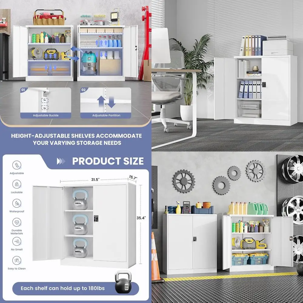 

Белый стальной шкаф для хранения в гараже с запирающимися дверцами и регулируемыми полками