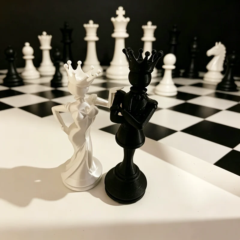 2pcs/set Chess King and Queen Figurine Set, featuring a white queen and a male king. These black-and-white chess couple figurine
