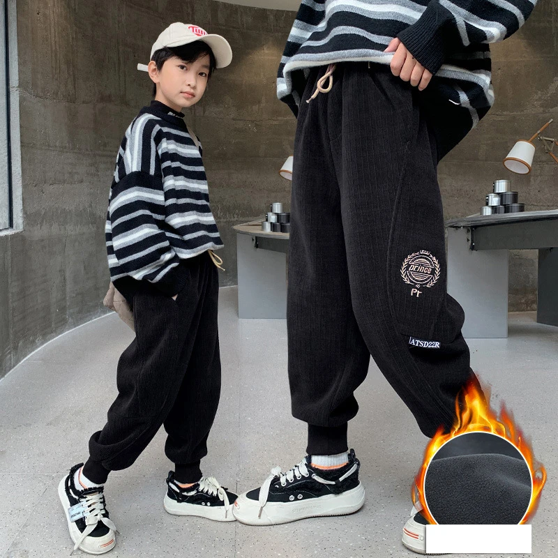 Winter Warm Trousers for Big Boys Cotton Pure Color Corduroy Sweatpants Elastic Waist Fleece Add Wool Loose Jogger Pant 8 12 Yrs