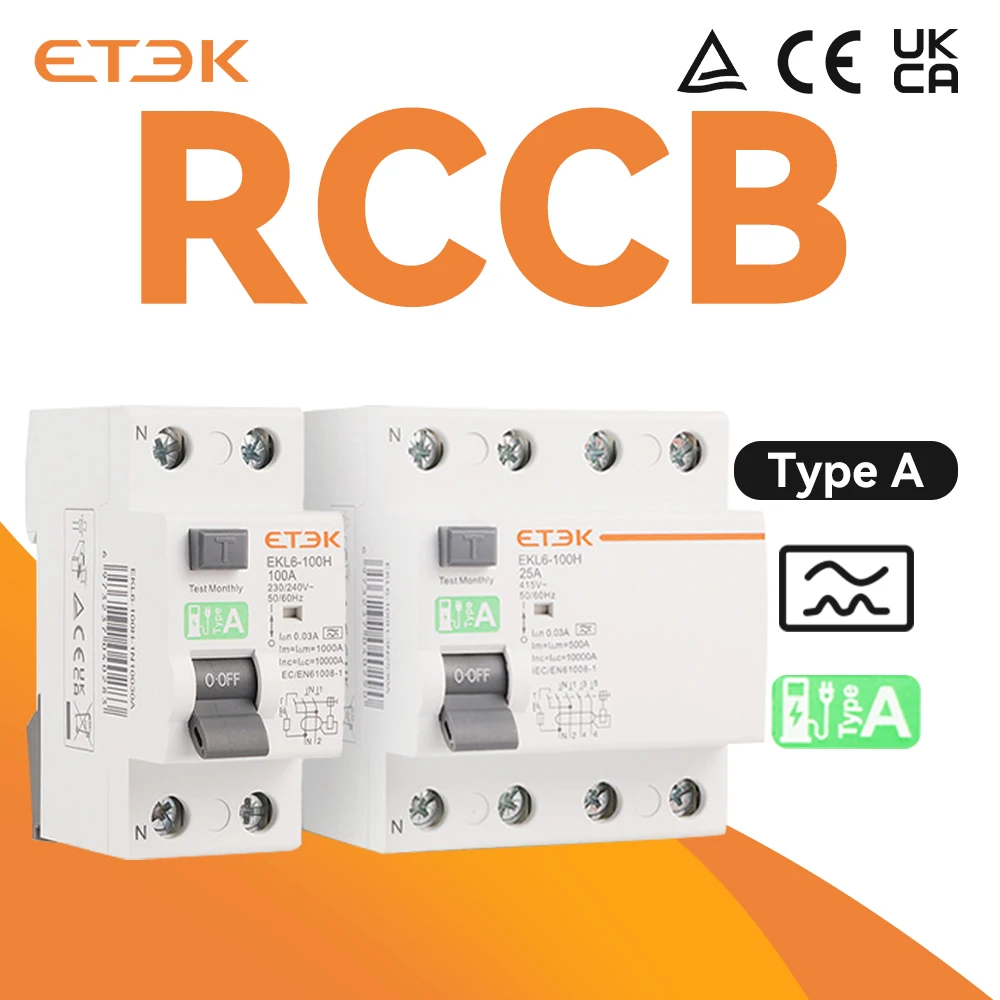 ETEK disjoncteur de courant de fuite 25A 40A 63A 80A 100a type A RCCB 30mA courbe C 2p 4p pour stations de recharge de voiture EKL6-100H