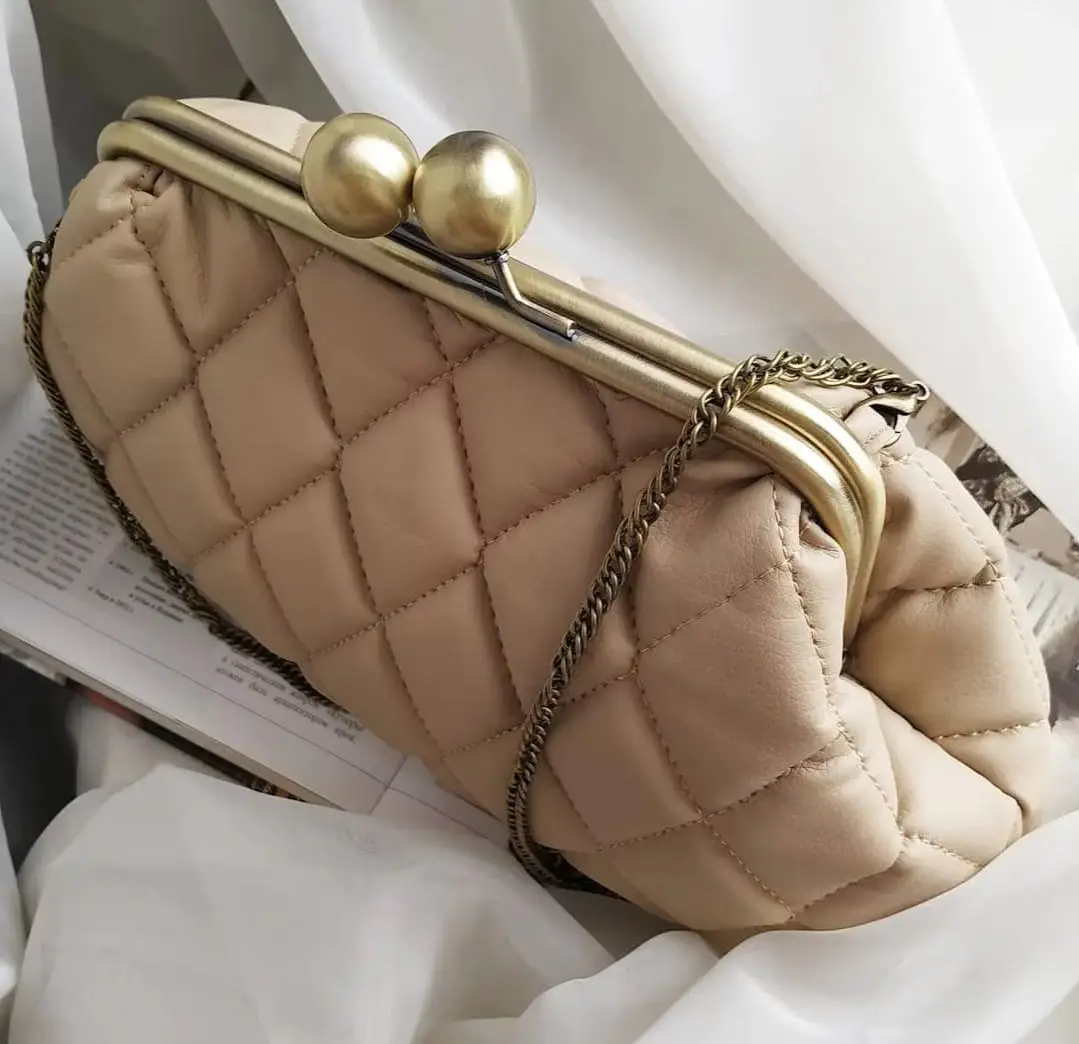 Lost in Vintage Bag Diamond Grid Bronze Ball Kiss Lock Clutch Clac Clip Bag Large Ball Metal Frame Clutchs 30x23x8cm