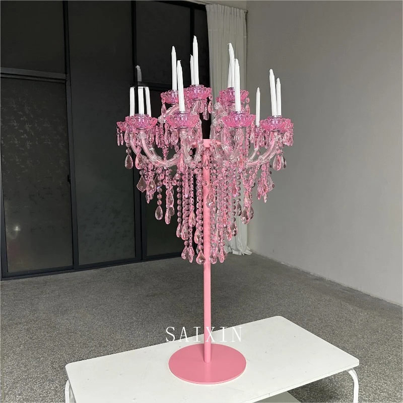 Romantic Pink Wedding Crystal Tall Ornament Table Decoration Pink Crystal 15 Arm Candle Holder