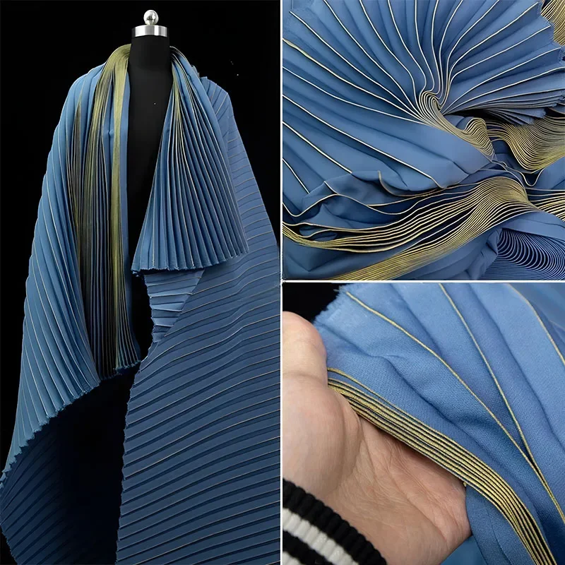 

50cmX149cm Ocean Blue Bronzing Organ Pleated Fabric Shiny Pleated Folding Dress Hanfu Dress Designer Fabric