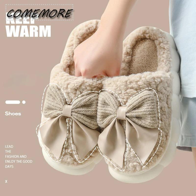 Fashion Bowknot Slippers Ladies Winter Indoor Home Warm Fluffy Casual Shoes Comfortable Slippers 3.5CM Thick Sole Antislip Woman