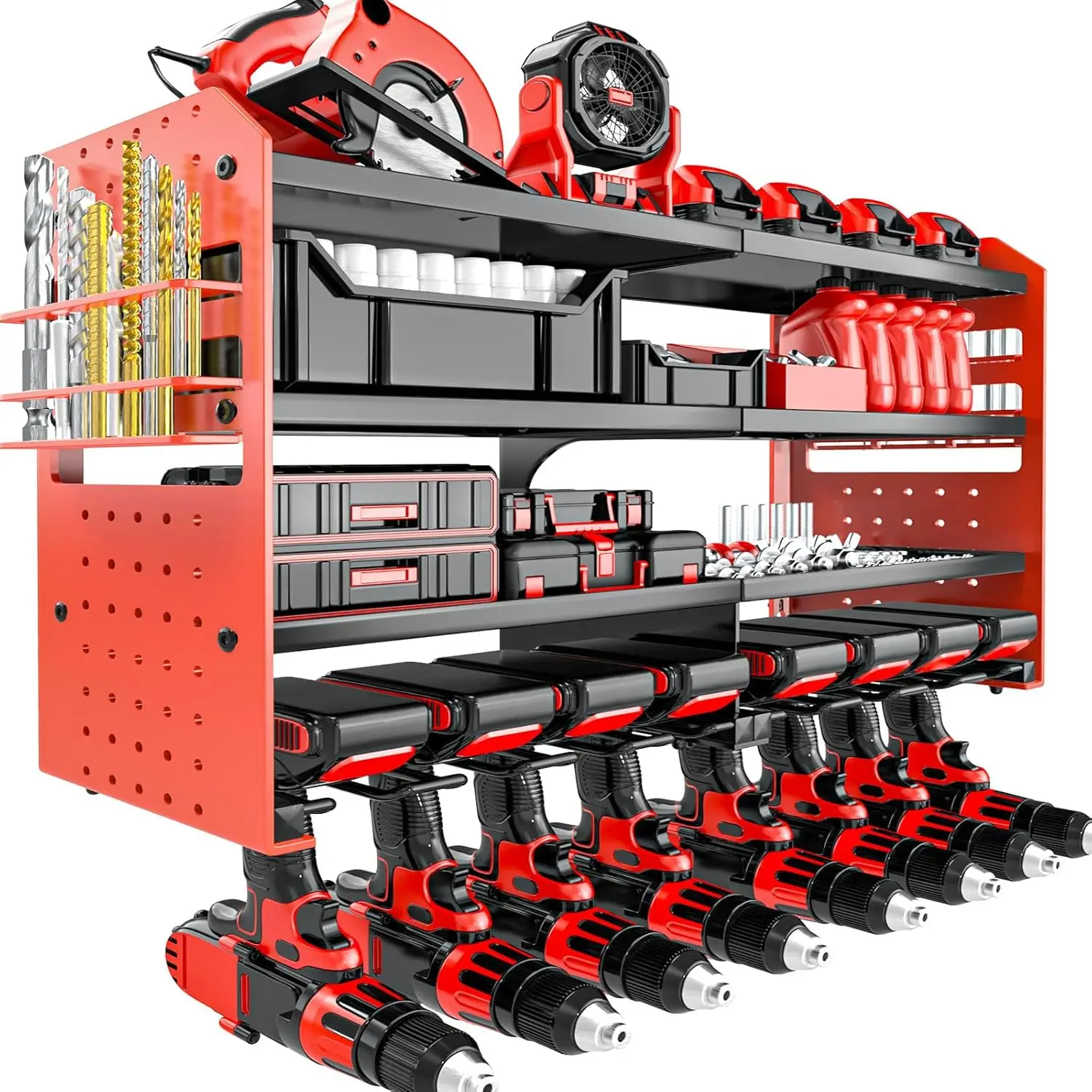

Metal Power Tool Organizer Wall Mount with Screwdriver Holder, Garage Storage Shelves for Drills and Pliers in Red