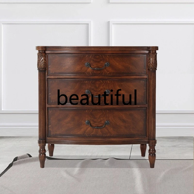 

American rural retro old pure hand-carved bedside table mahogany core solid wood edge cabinet bedroom three pumping locker