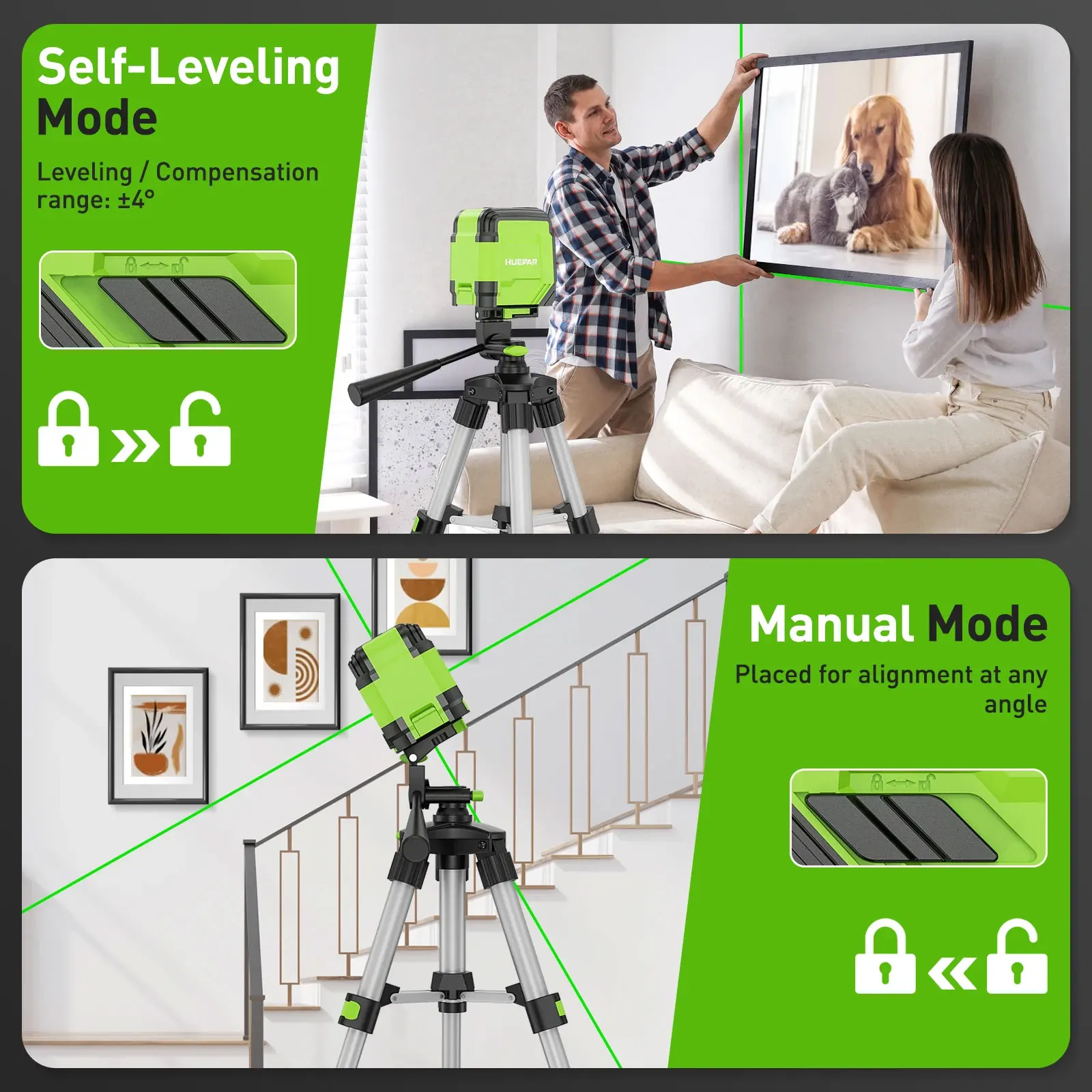 Huepar Cross Line Laser Level With 0.65M Tripod 2 Lines Germany Osram Self-Leveling Horizontal & Vertical Laser Leveling Tools