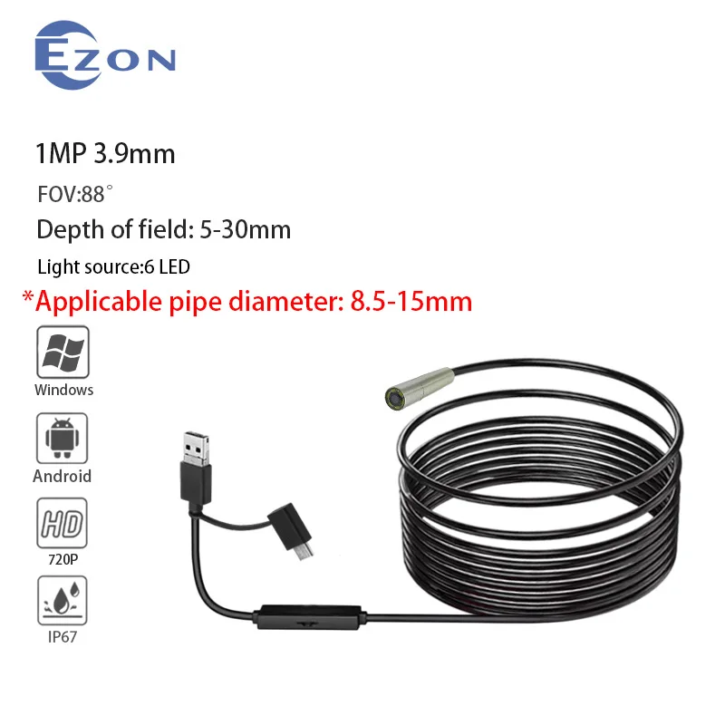 720p 3.9mm ultra-short endoscope, IP67 waterproof camera, 6 LED lights, compatible with Android and Windows systems.