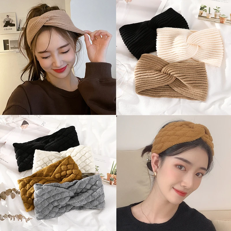 AWAYTR Cute Bear Knitted Turban Headband Autumn Winter Warm Elastic Hair Band Cross Headwrap Bandana for Women Hair Accessories