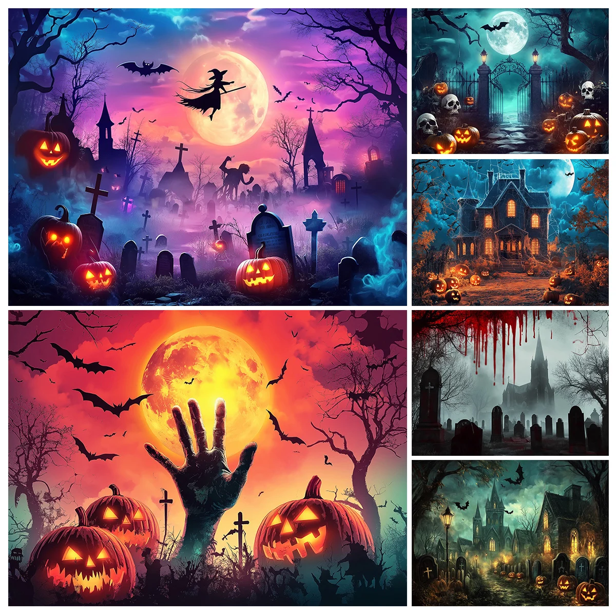 

Halloween Spooky Haunted House Backdrops with Moon Witch Kids Adult Photocall Decor Night Castle Skulls Pumpkin Background Props