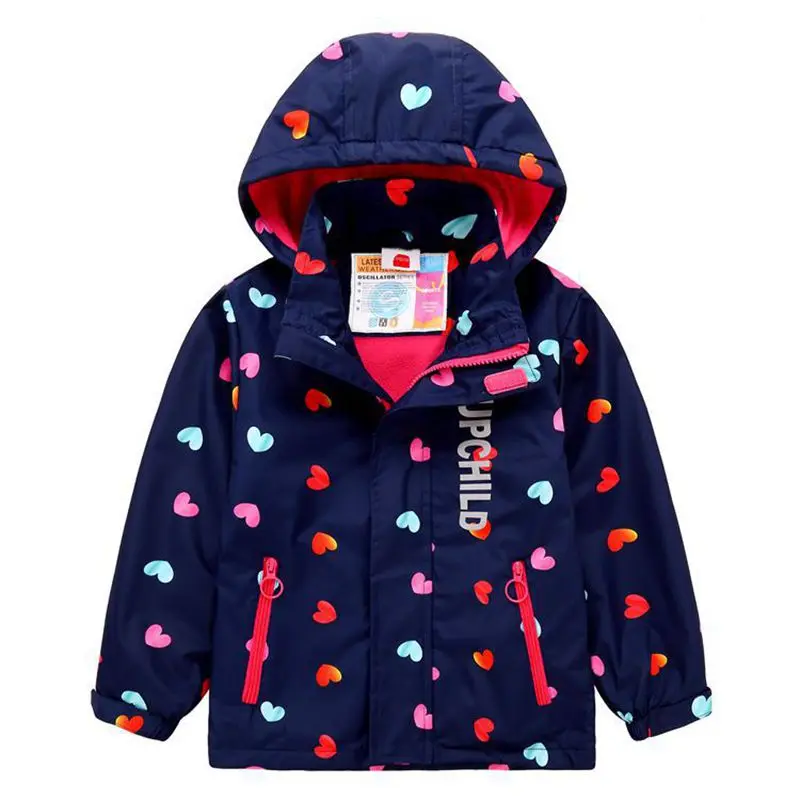 Girl\'s Jersey Windproof & Waterproof Thermal Warm Hoodie Jacket, Full Print & Reflective Details Outdoor Windbreaker Rain Coats