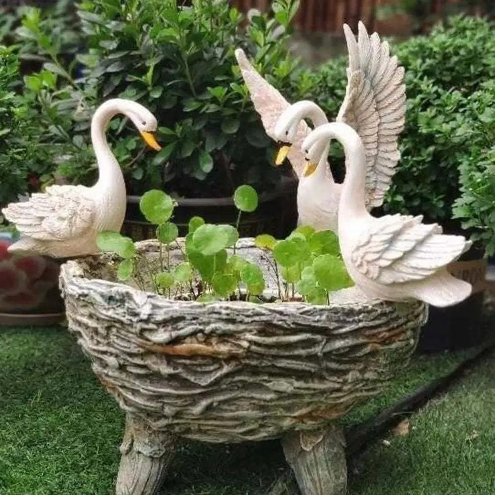 Resin 3 Swans Parterre Flower Pot Garden Statue Landscape Courtyard Garden Swans Sculpture Farm Yard Decorations Display Statue