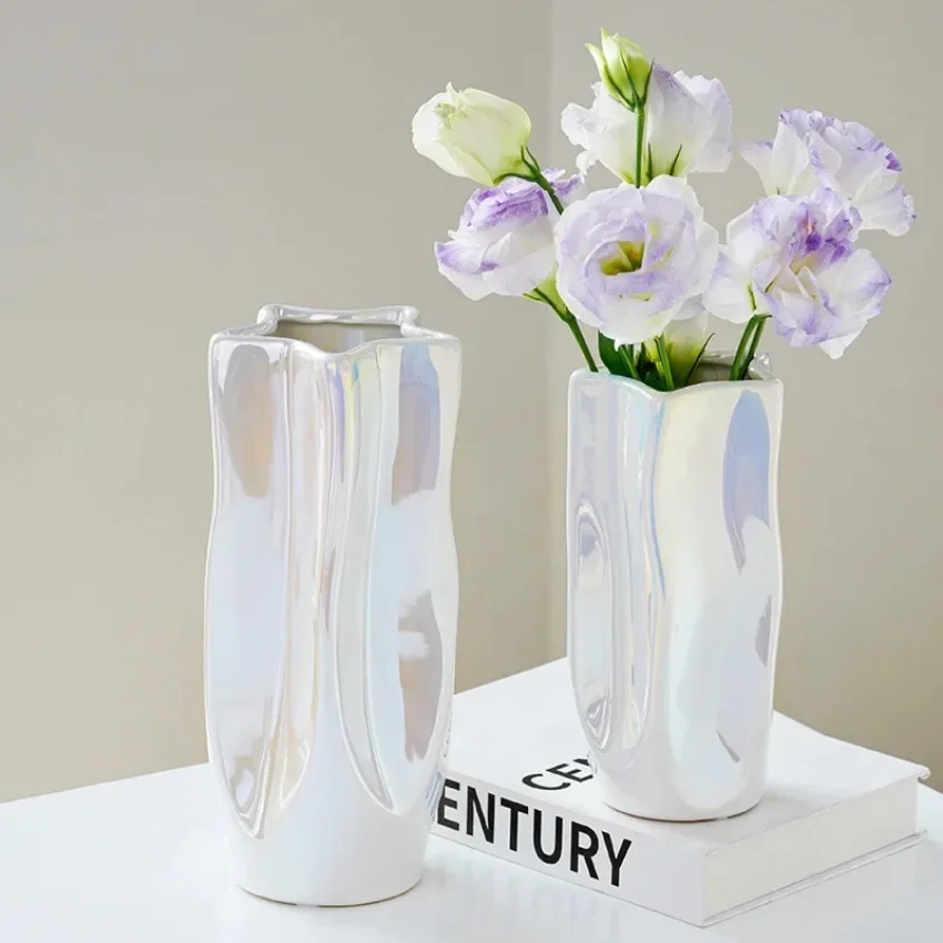 Ceramic Vase Luxury Electroplated Silver Flower Arrangement Irregular Porcelain Hydroponic Vase Ornament Interior Art Decoration