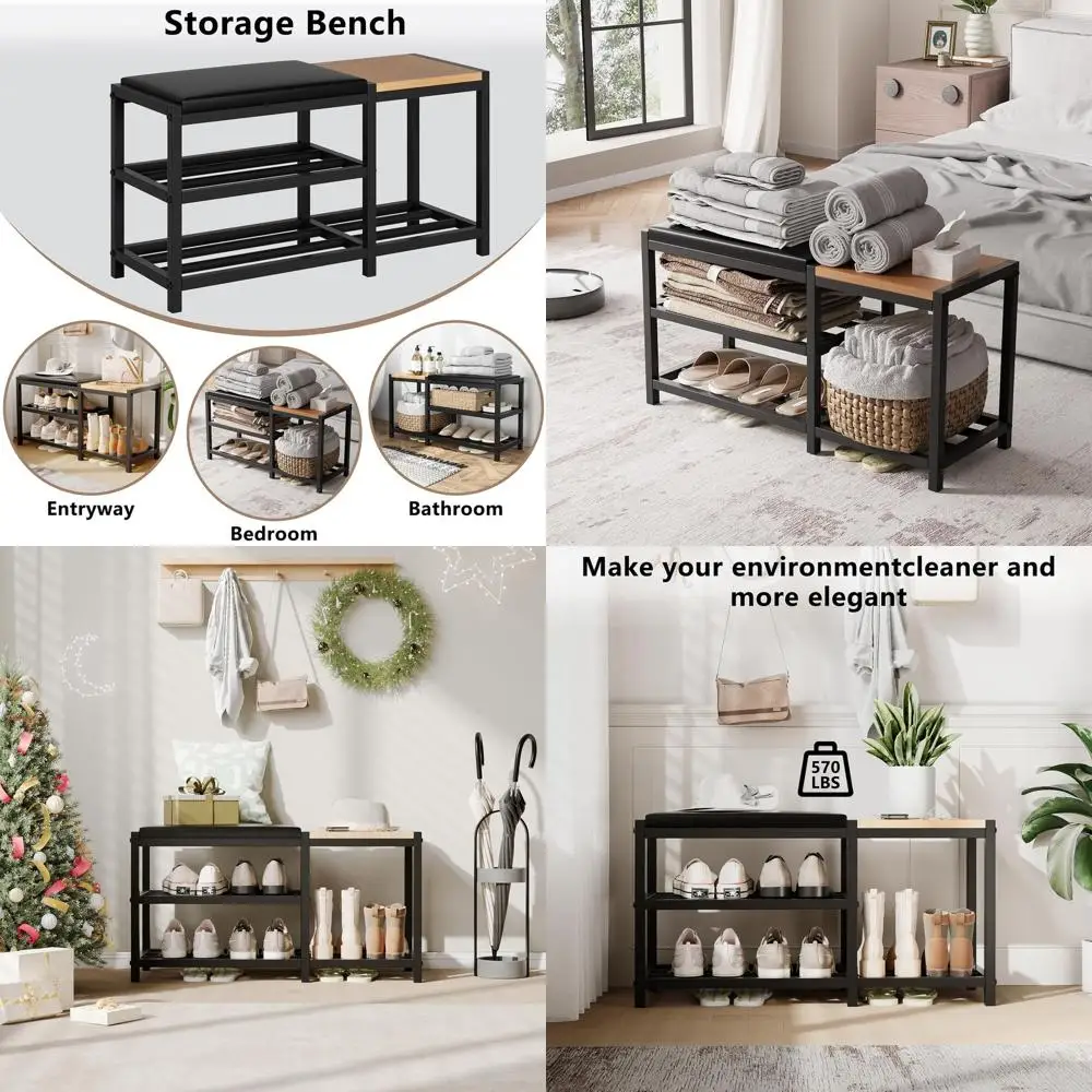 

3-Tier Shoe Storage Bench: 570 lb Capacity, 12x30.7x17.3, Cushioned Entryway Organizer for Home