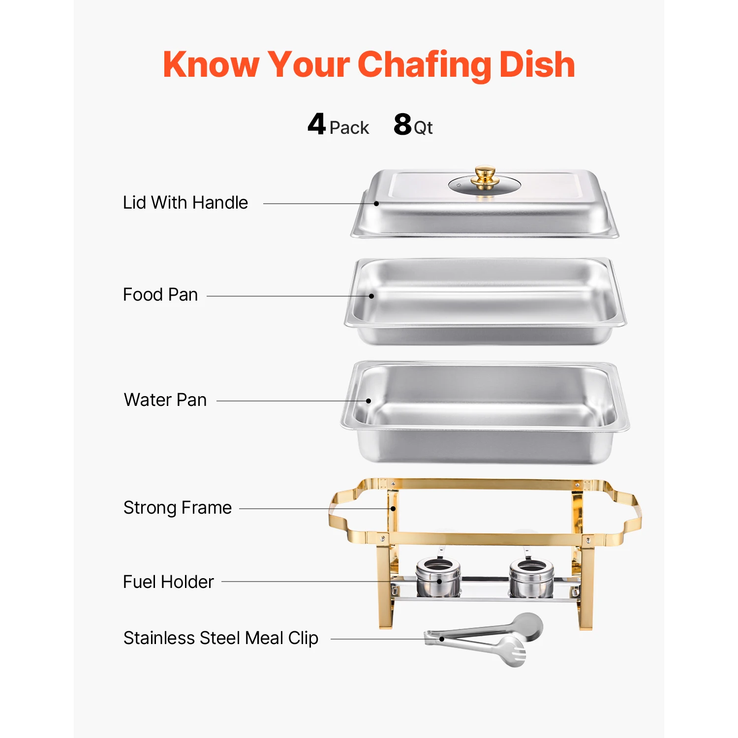 مجموعة بوفيه أطباق SucceBuy Chafing 8 Qt 4 عبوات من الفولاذ المقاوم للصدأ مع 4 مقالي كاملة الحجم مستطيلة لتدفئة تقديم الطعام