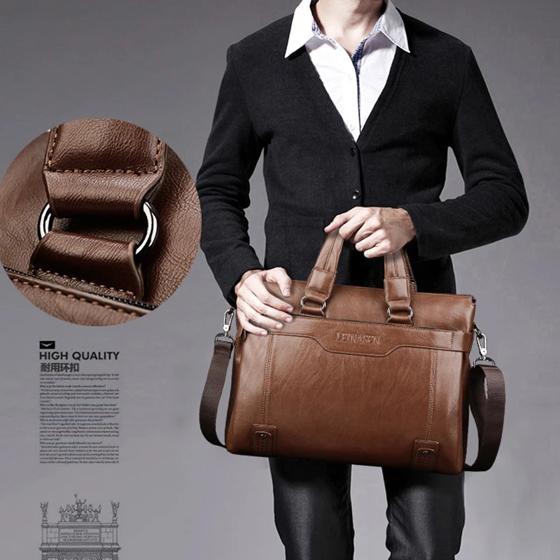 男性用ラージブリーフケースバッグ,PUレザーハンドバッグ,ショルダーストラップ,オフィスポケット,男性