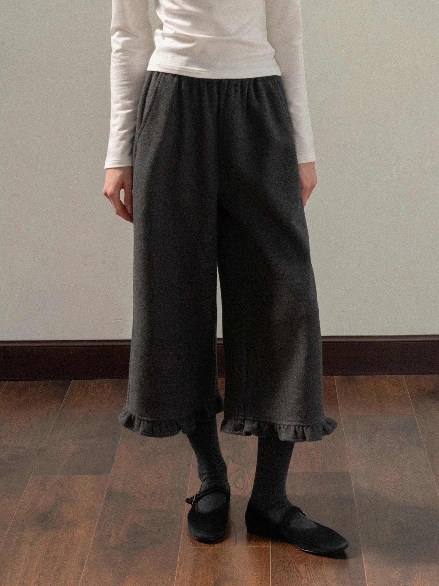 EGGKA Inner Flocking Plaid Wooden  Nine Points Casual Pants Elastic Straight Leg Wide Leg Pants High Waist Polyester Fiber