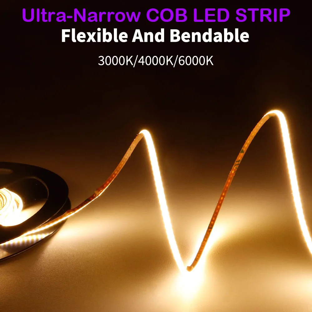 Ultra-narrow 2mm PCB Width COB LED Strip 480Leds/m 3000K/4000K/6000K Warm Nature Cool White Flexible Linear Tape Lights 5V/12V