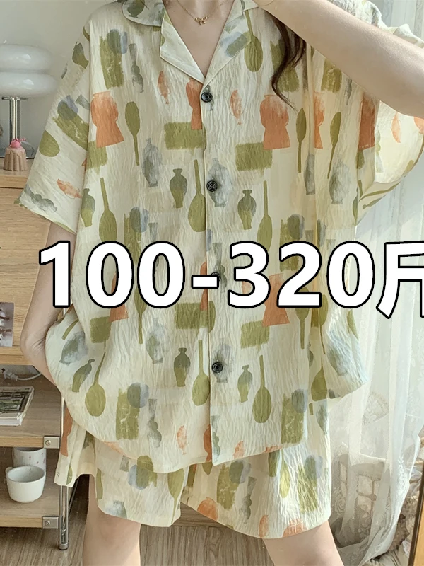 プラスサイズ-クラウドコットン-スリープウェア-半袖-ルーズフィット-夏用-ホームウェア-レディース-薄手カーディガン-ショートパンツ-スイートスタイル