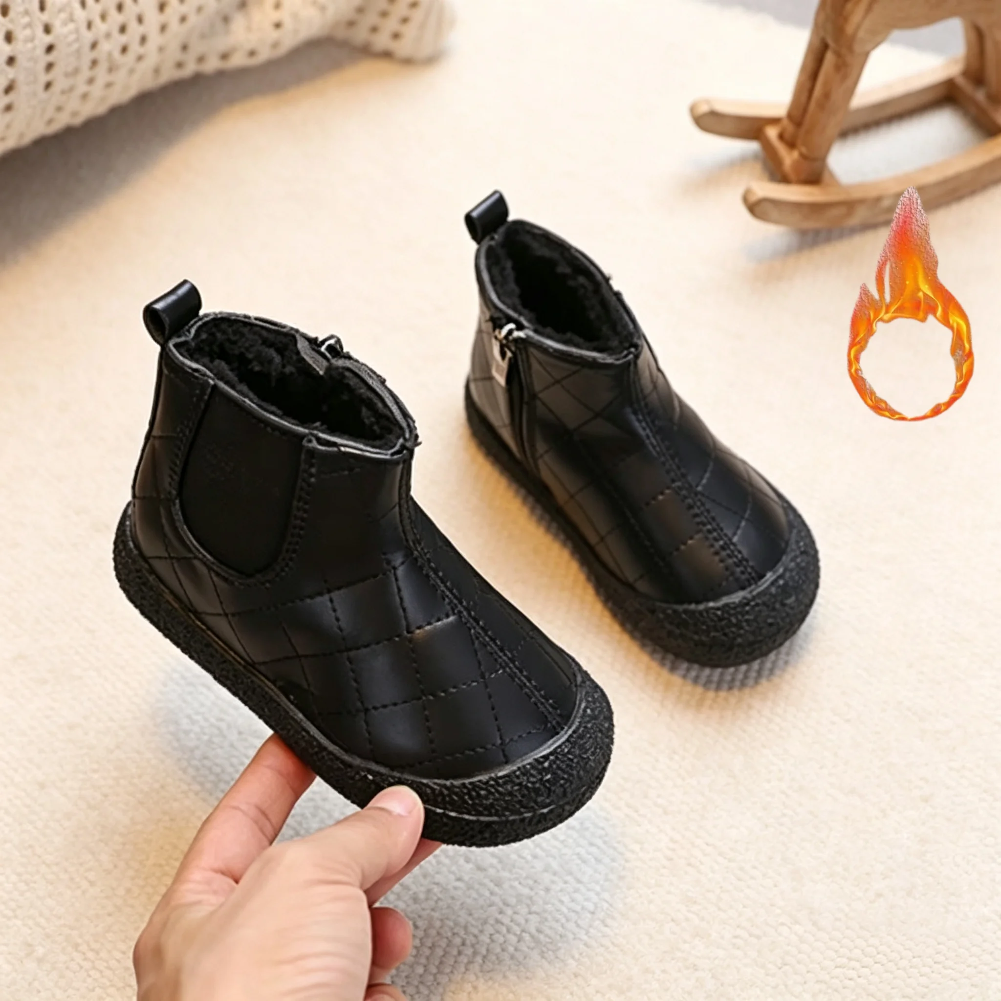 Winter Children Snow Boots Plush Warm Casual Solid Color Girls Short Boots Non-slip Kids Leather Boots Shoe Size 21-30