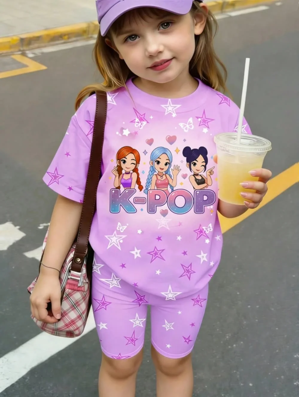 K-Pop Cartoon Grafik Mädchen T-Shirt und Hosen Set Mädchen Sommerkleidung Niedliches Kurzarm-Set Kinder T-Shirt und Shorts Set – Detail 4