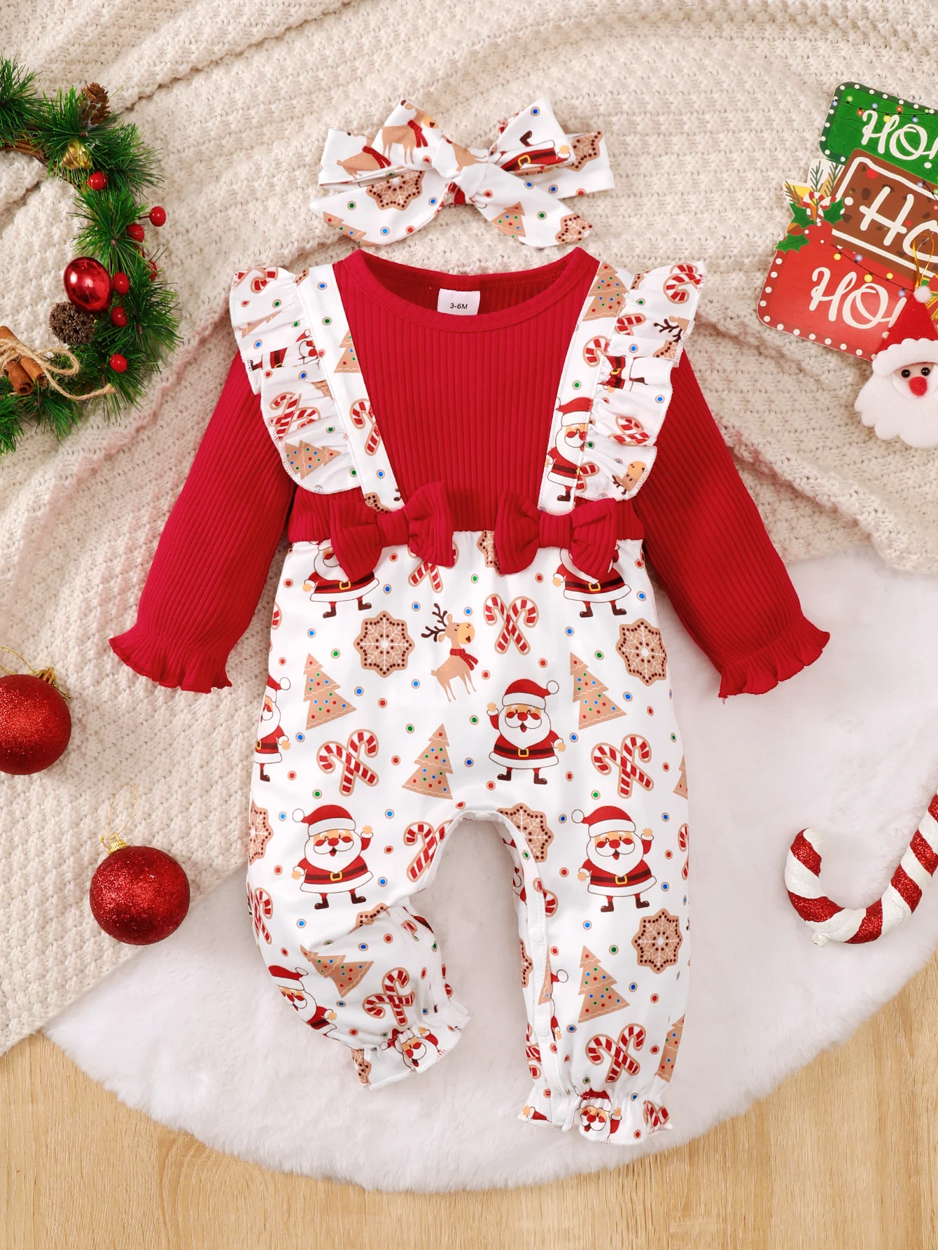 Summer  0-1 Years  Old  Infant  Baby  Girls  Santa Claus Print   Long  Sleeved  Pit  Strip   Jumpsuit  With   Hairband