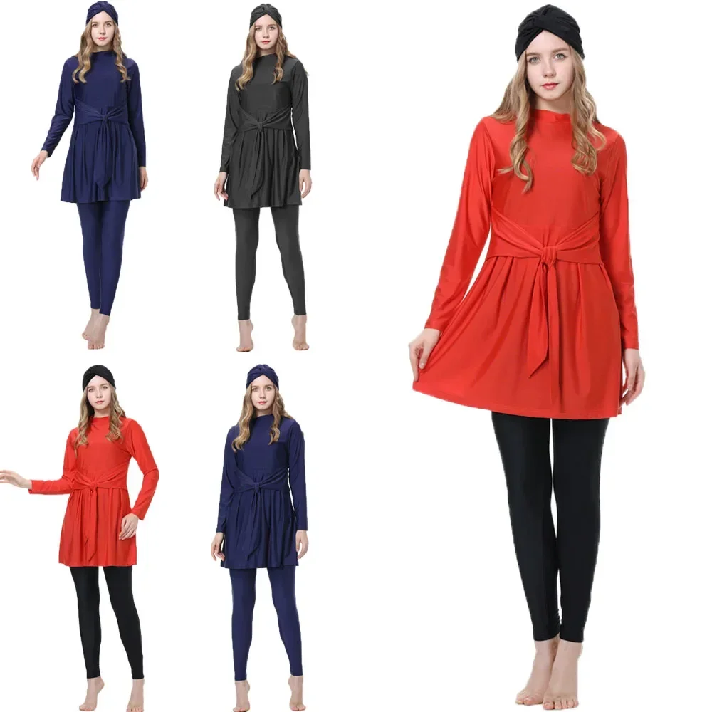 

Скромный женский мусульманский комплект из трех предметов, купальник с хиджабом, купальник с длинными рукавами, исламский арабский полный чехол, буркини, спортивная пляжная одежда, купальники