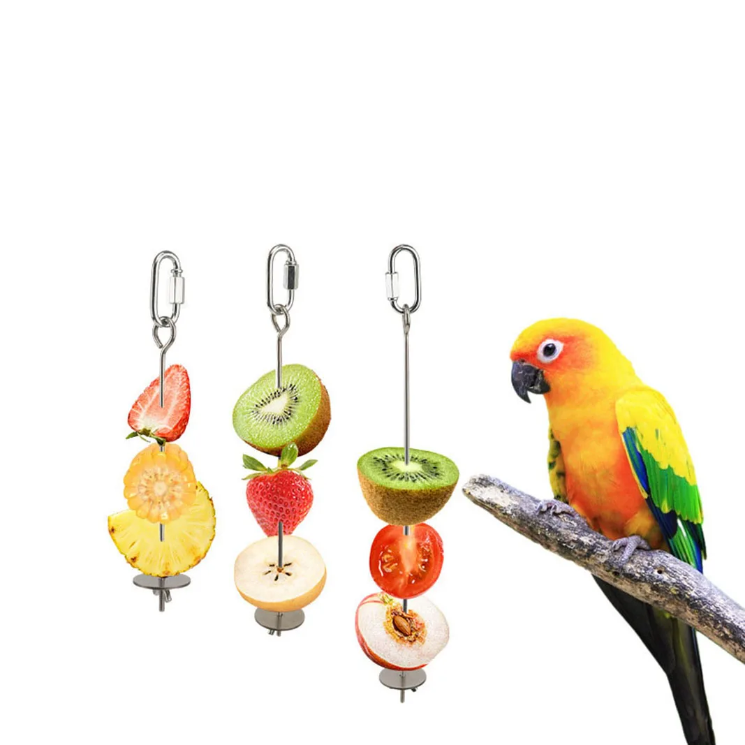 Bird Food Holder Support Stainless Steel Parrot Fruit Vegetable Feeder Stick Spear Meat Skewer Foraging Toys